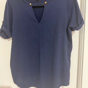 Michael Kors Navy Short-Sleeve Top with V-Notch and Gold Accents